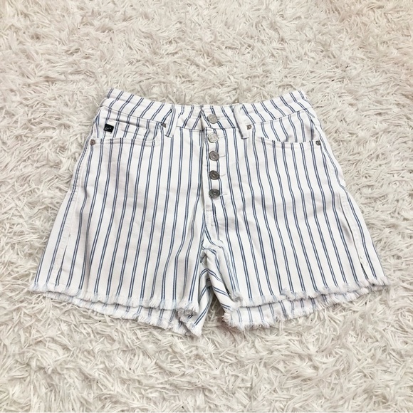 Kancan Railroad Striped high waisted button fly raw hem Shorts blue white large‎ - Picture 1 of 7